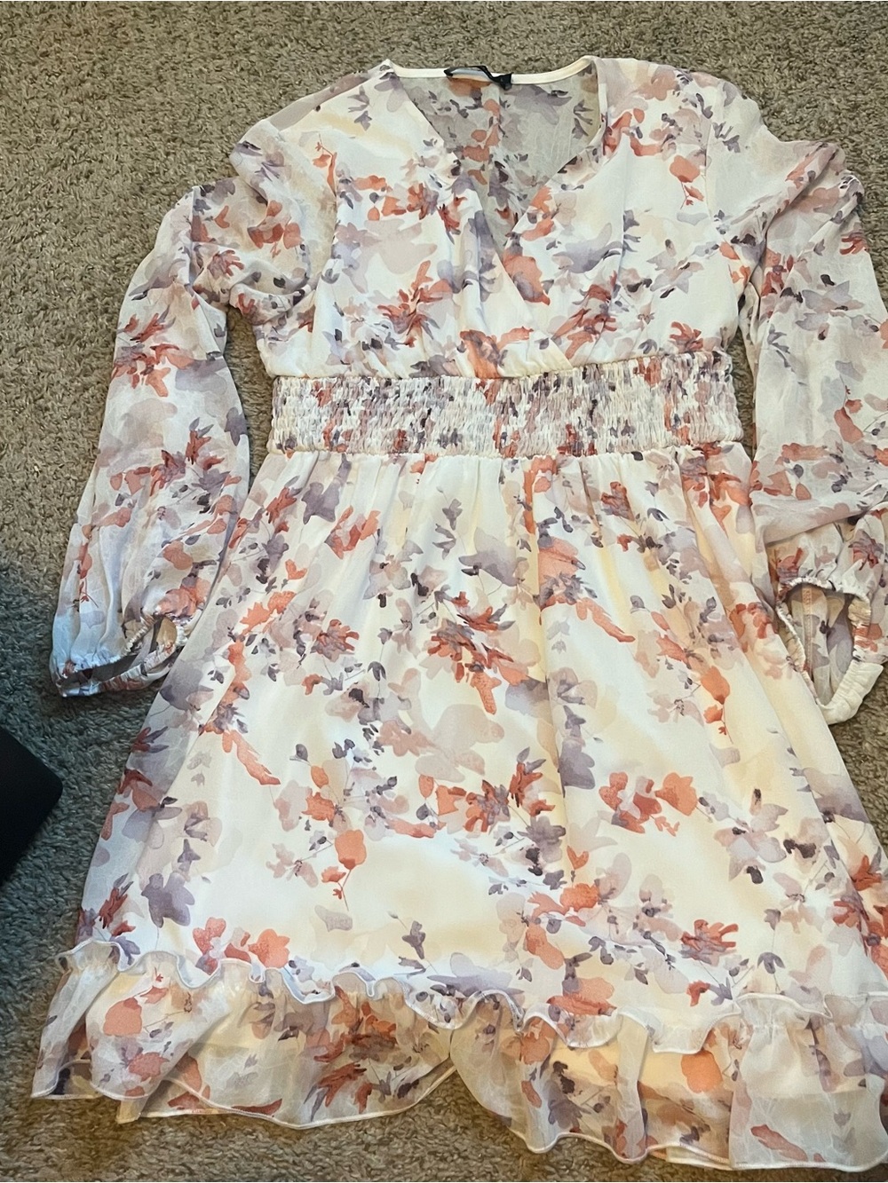 Smocked-Waist Long Sleeve Floral Mini Dress - White with Pink & Lavender